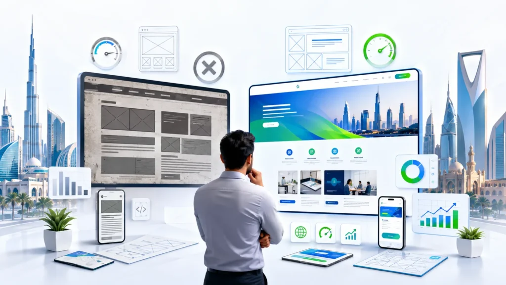 Business owner reviewing an outdated website before upgrading to a modern website design
