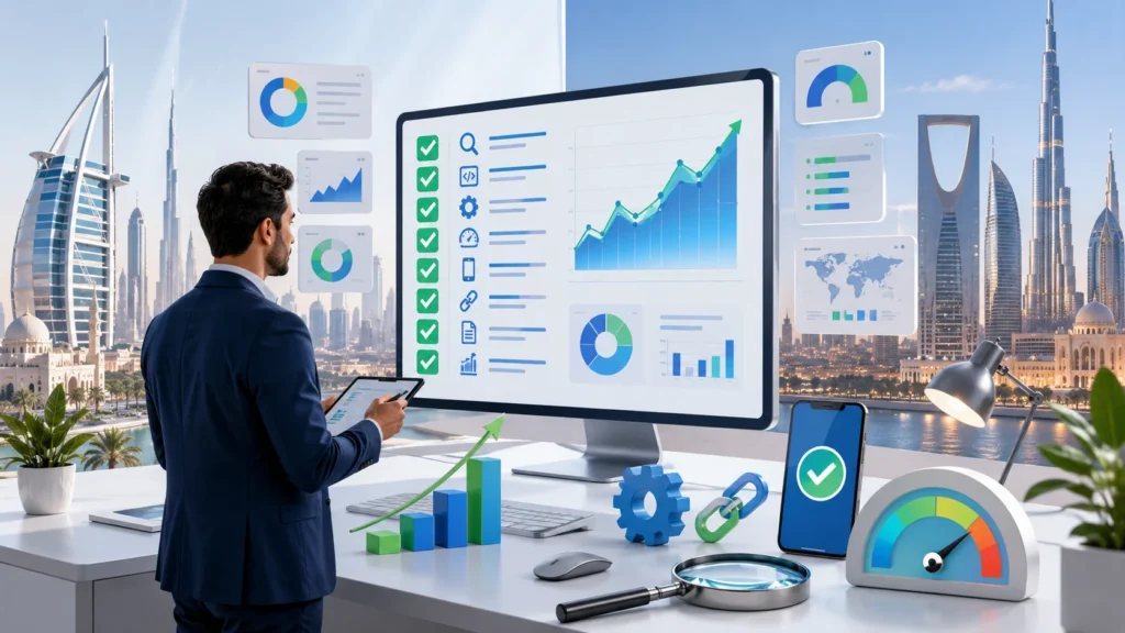 SEO checklist for small businesses showing website optimization, keyword research, and Google ranking improvements in 2026