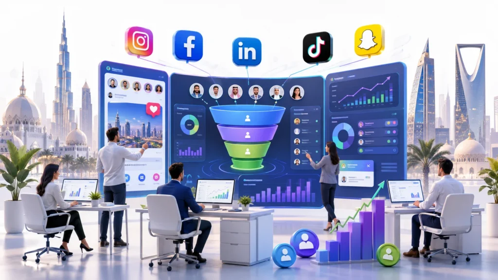 Social media marketing strategy generating business leads through Instagram, Facebook, LinkedIn, and TikTok